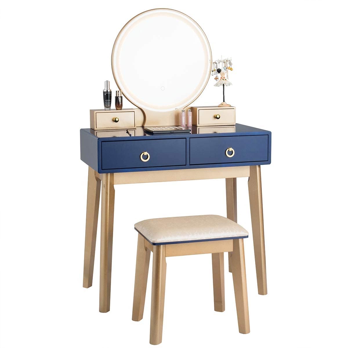 MAT EXPERT Vanity Set with Lighted Mirror, Bedroom Dressing Table w/Padded Stool, 3-Color Touch-Screen Dimming Light Dressing Table w/4 Drawers, Solid Wood Modern Vanities (Navy)