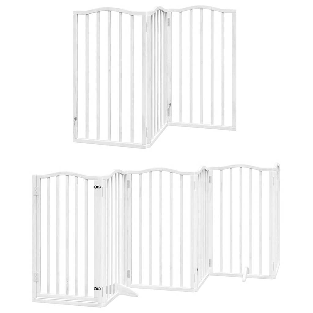 9-TLG. Puerta para perros de madera de álamo blanca de 450 cm, plegable con puerta, independiente y portátil, ideal como barrera para perros, cachorros, jardín, interior, exterior, protección y