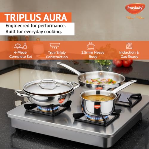 Praylady Triplus Aura Triply Stainless Steel Cookware Set (4 Piece) | 2.5mm Thick with 3 Layer | 24cm Kadai with Lid, 22cm Fry Pan, 16cm Saucepan |... - Image 2