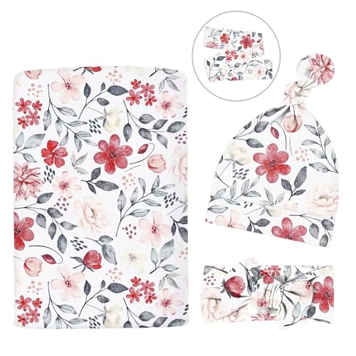 Image of Newborn Swaddle Set with Matching Headband Hat and Bow Set Floral Baby Girl Newborn Receiving Blankets Baby Swaddle Nursery Wildflower Baby Blanket