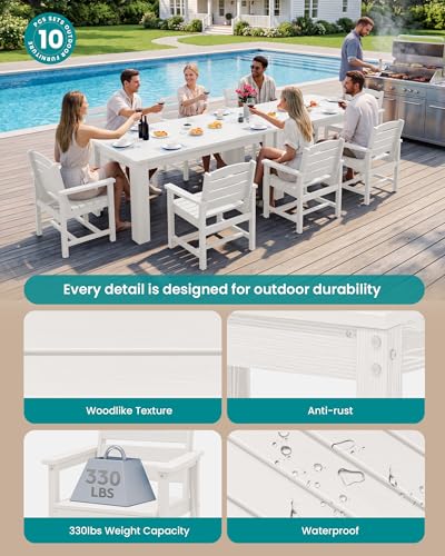 Image of SERWALL Patio Dining Set for 8, w / 2 Tables & 8 Armchairs, White | All Weather Resistant HDPE Dining Sets for Patio, Garden, Backyard
