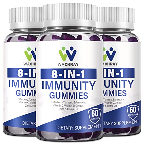 8 in 1 Immune Support Gummies Supplement for Adults & Kids - Immune Booster with Elderberry, Zinc, Vitamin C, Vitamin D, Echinacea, Ginger, Turmeric, Hemp Oil - Immunity Defense Vitamins Gummy (3Pack)