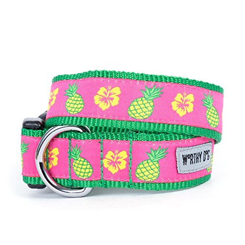 The Worthy Dog 21758-3908XL Pineapples and Hibiscus Bloom Adjustable Designer Pet Dog Collar, Pink, X-Large