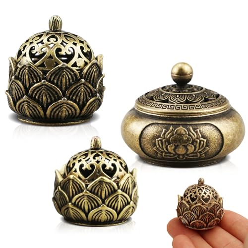 Bruciatore di Incenso Vintage Lotus,Forreen 3 Pezzi Brucia Incenso Metallo Mini Lega di Zinco Cava Contenitore per Incenso con Coperchio per Sala Yoga, Sala Meditazione,Soggiorno da Tè Decorazione