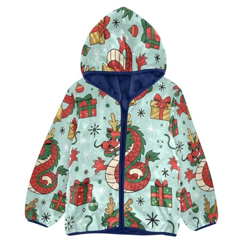 Dragon Snowflakes Bells Pattern Toddler Fleece Jacket Girl Boys Hooded Fleece Jacket Coat Warm Outwear Zip-up 3-10T