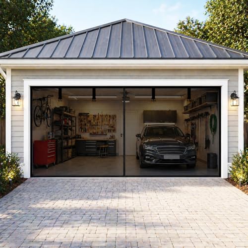 Garage Door Screen 16x8 FT for 2 Car Garage Heavy Duty Magnetic Garage Screen Door Reinforced Fiberglass Mesh Hands Free Easy Install Bug Proof