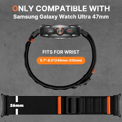 Image of Bandletic Rugged Nylon Compatible with Galaxy Watch Ultra Bands 47mm 2025 /2024 for Men, Stretchy Soft Wide Sport Loop Strap with G-Hook Compatible with Samsung Ultra Watch Band, Black Buckle-Black