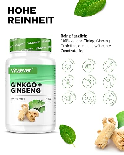 Ginkgo + Ginseng - 365 Tabletten - Spezial Extrakt - Hochdosiert - Laborgeprüft - Ginkgo Biloba + Koreanischer Ginseng - Premium Qualität - Vegan – Bild 3