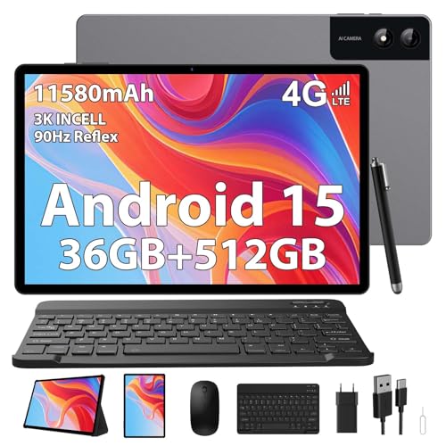 SADSYMB Tablette 13 Pouces avec Android 15, 36GB RAM+512GB ROM(TF2TB), G99 2.2GHz Octa-Core, 4G LTE/5G WiFi, 2960x1840 INCELL, Gemini AI, 11580mAh,13MP+8MP, BT 5.0/GPS/Face ID/Tab avec Clavier(Gris)