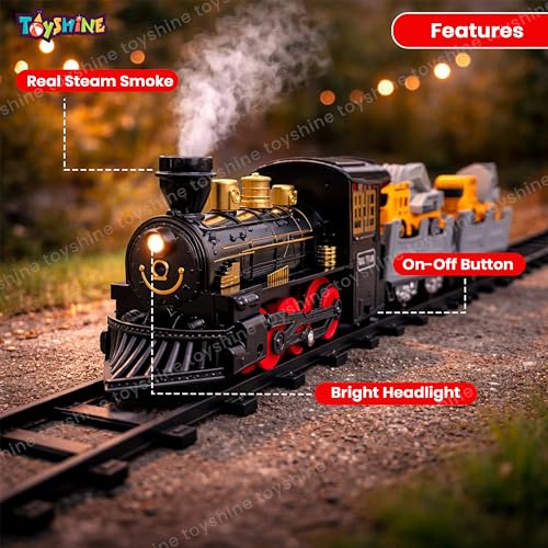 Image of Toyshine Classic Electric Train with Spray Function | Steam Mist Train with Light & Music | Track Set with Cargo Wagons & Vehicles | Realistic Railway Toy Set for Kids 3+