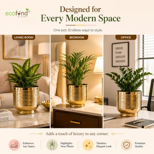 Image of ecofynd 1 Pack Metal Plant Pots (7 inch), Indoor Small Planter Flower Pots, Home Garden Decor Planter for Living Room Bedroom Interior (Gold Finish, POT049)