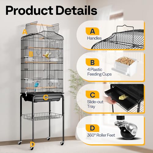 image for VIVOHOME 64 Inch Bird Cage with Play Top and Rolling Stand for Parrots
