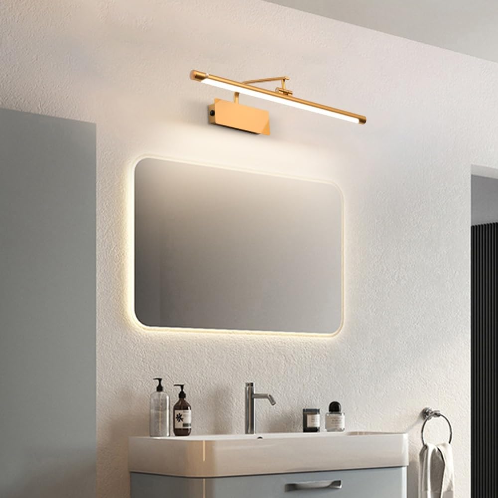 Lámparas de baño impermeables IP44, 3 luces, sensor de movimiento, luz de tocador, tira larga, iluminación de pared de hierro, 4000 K, blanco natural, lámpara de tocador giratoria de 350 °(Gold,40cm)