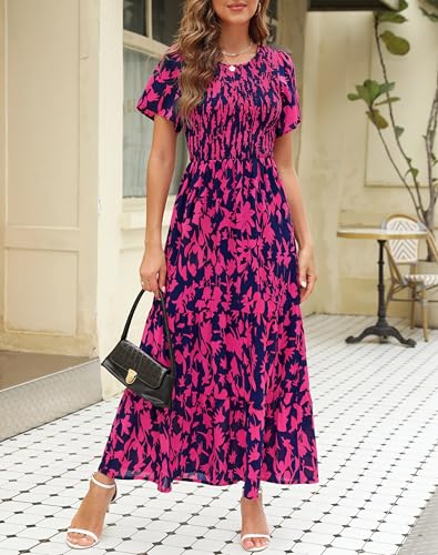 Image of Kranda Women 2025 Summer Fall Crewneck Short Sleeve Smocked Floral Maxi Dress