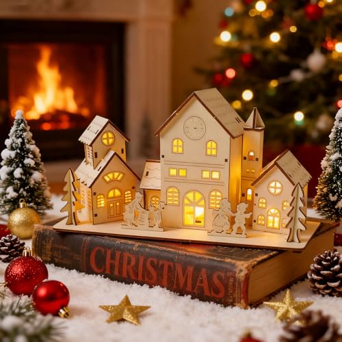 3 Stk Weihnachtsdorf Mit Beleuchtung, Weihnachtshaus Beleuchtet Aus Holz – Ansicht 1