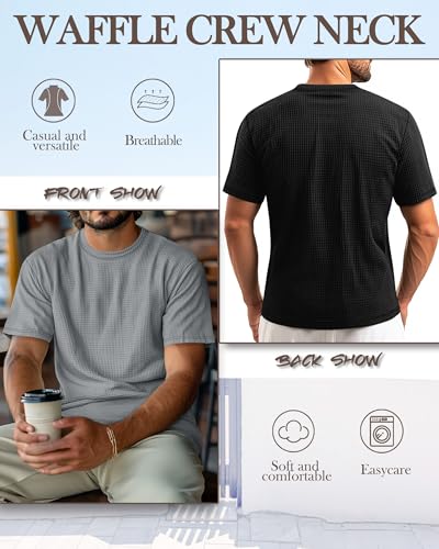 Ficerd 3 Pack Men's Short Sleeve Waffle Knit Shirts, Casual Textured Crew Neck Summer T-Shirts Lightweight Solid Pullover Tee4