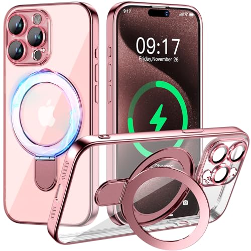 Image of Magnetic for iPhone 15 Pro Case with Invisible Stand[Compatible with MagSafe][Full Camera Lens Protector][Military Drop Protection] Shockproof Not Yellowing Clear Slim Soft for Women Men