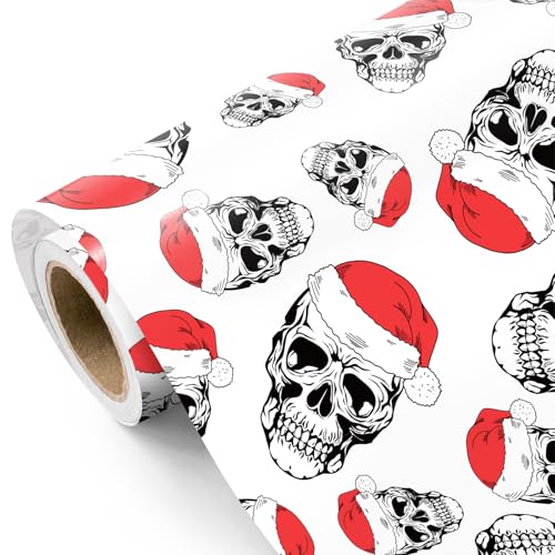 WRAPAHOLIC Skull Christmas Wrapping Paper - Mini Roll - 17 Inch x 16.5 Feet - Santa Hat Skull Wrapping Paper for Christmas, Halloween, Holiday, Party Celebration