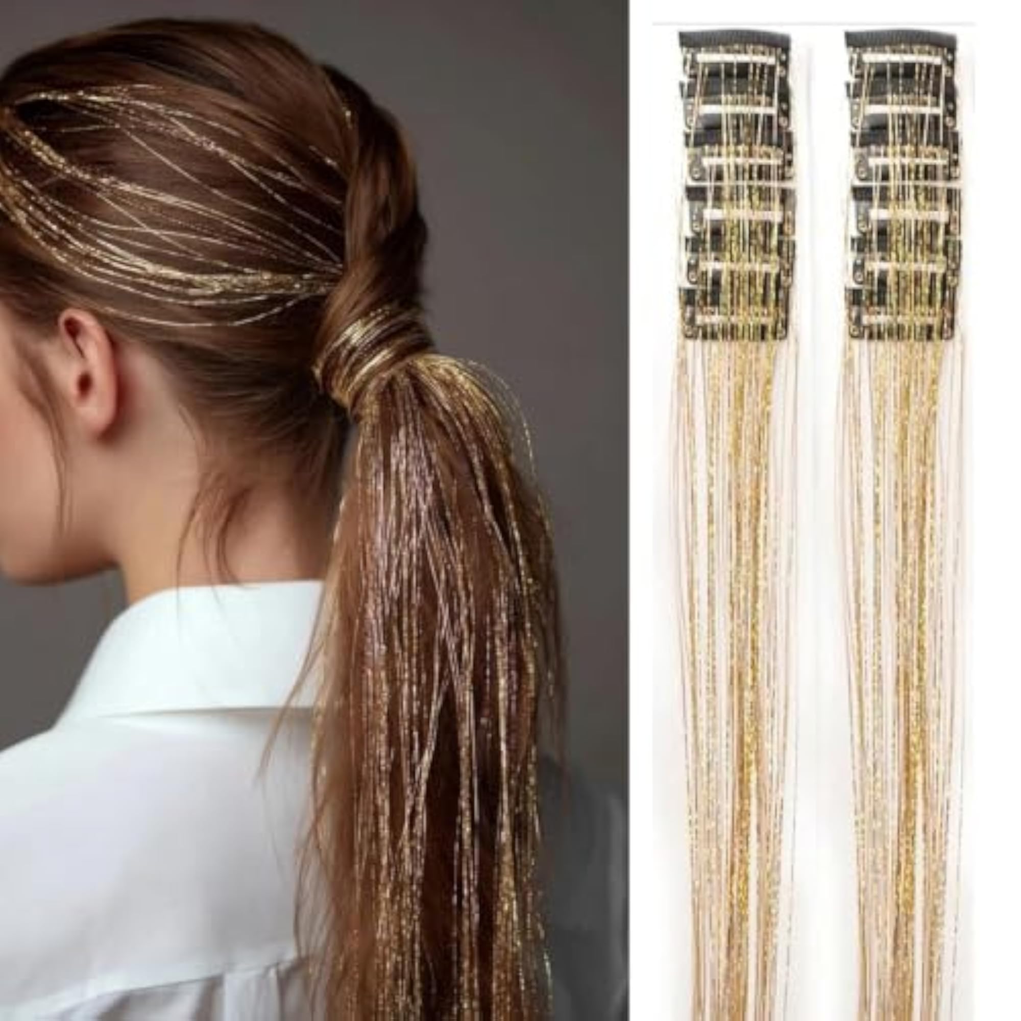 Gold Clip-In Hair Tinsel Extensions, 12 Pcs, Glitter Strands