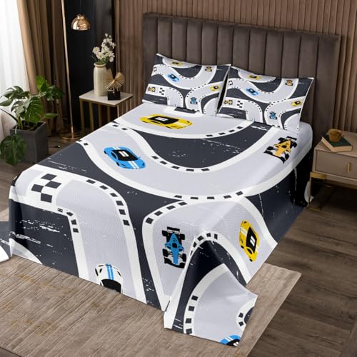 Castle Fairy Road Traffic Bedspread Twin Size,Racing Car Track Extreme Sports Bedding Coverlet for Kids Teens Bedroom Decor,Construction Vehicle Rustic Style Bedding Set 2Pcs,1 Pillowcase