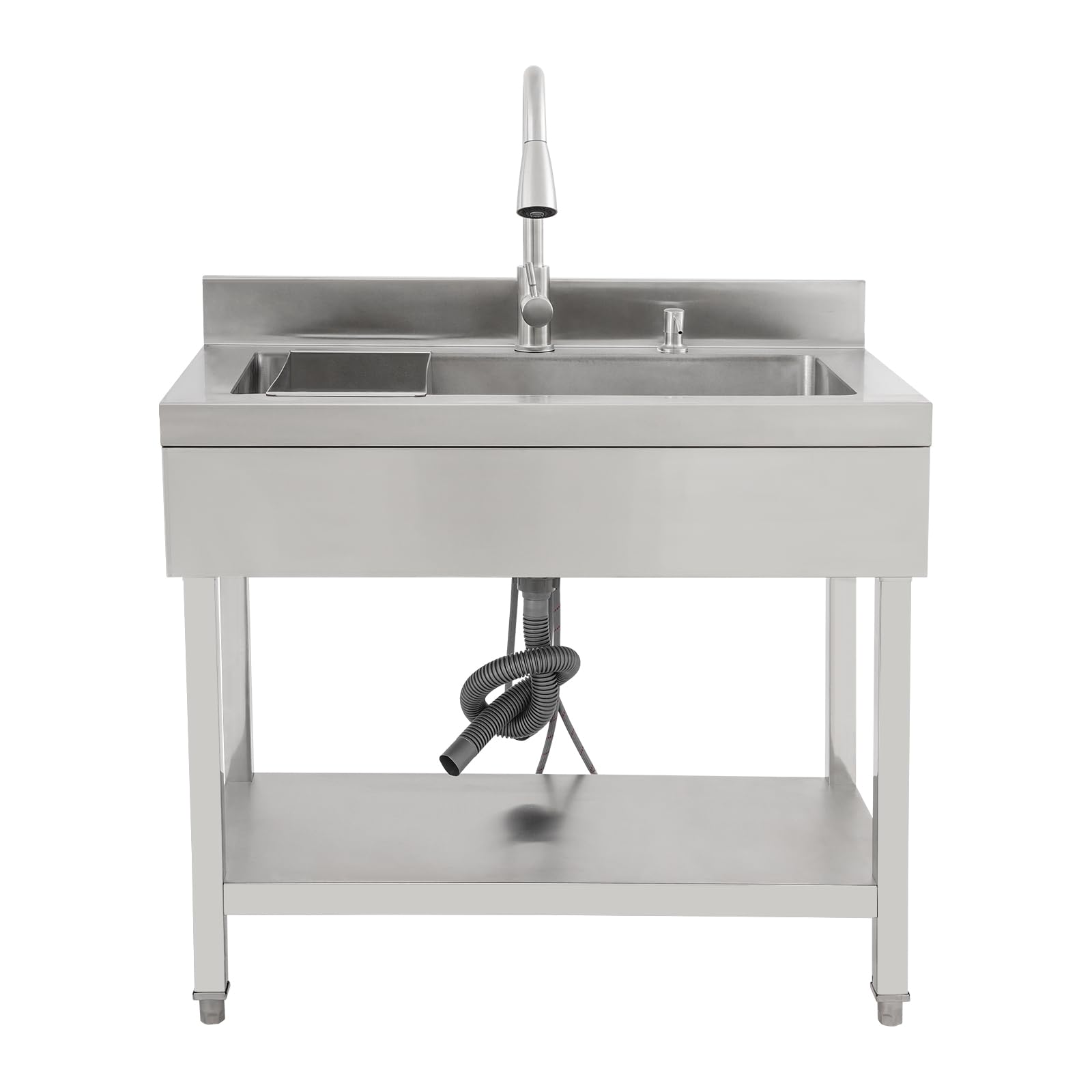 Lavando de acero inoxidable independiente, fregadero individual de cocina rectangular con pedestal, fregadero móvil para cocina, garaje, exterior(90x50x80 cm)