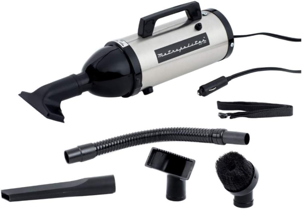 METROVAC Metropolitan 12V Evolution Hand Vacuum - High-Performance Suction, Durable Steel, Versatile Attachments, Compact & Portable - Satin Finish w/Black Ends (106-578031 Model AM6SB)