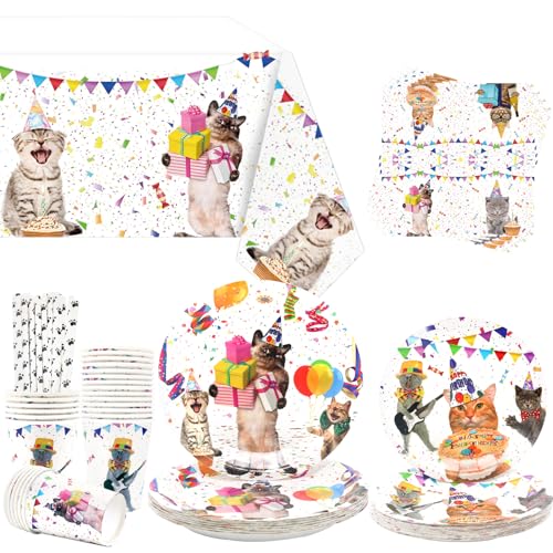 Obussgar Decoración de fiesta de gatos – Juego de vajilla para fiesta de gatos con platos, vasos, servilletas, manteles y pajitas – para 20 personas (gatos)