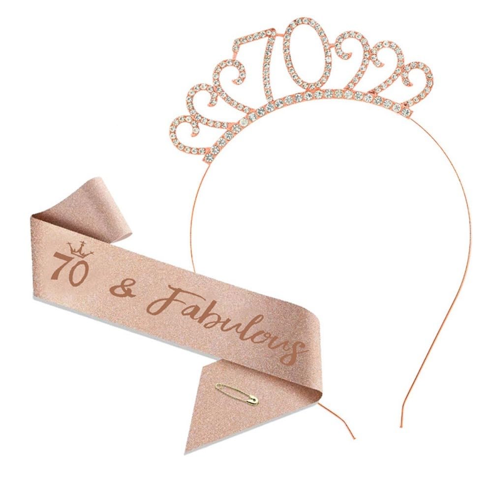 KBSICWO 70th Birthday Crown and Sash, Crystal Tiara Crowns Kit for 70th Birthday Gifts, Party Accessories for Girls Women 70 of Birth day Party (Rose Gold)