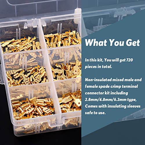 Glarks 720Pcs 2.8Mm 4.8Mm 6.3Mm Male And Female Wire Spade Connector And Insulating Sleeve Assortment Kit Copper Wire Crimp Terminal Block With Nylon Sleeve Set For Car Audio Speaker #TOP4