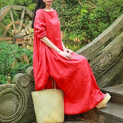 Image of Women's 2025 Spring 100% Linen Long Dress with Long Sleeve Maxi Dress Casual Loose Fitin Solid Color Pockets