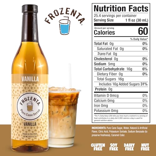 Image of Frozenta Vanilla Flavored Syrup | For Coffee, Italian Sodas, Beverages, Desserts, Ice Cream, Cocktails & Mocktails, 100% Cane Sugar, Gluten Free, Soy Free