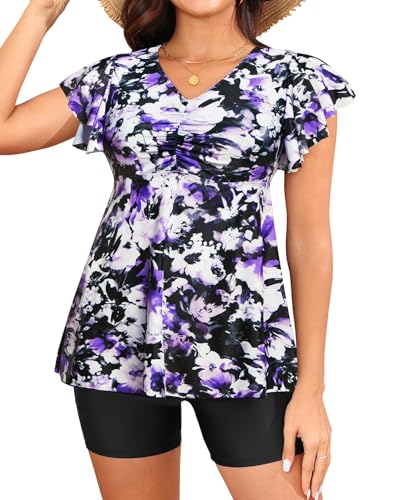 Yonique Women Tankini with Shorts and Pocket Two Piece Swimsuits Ruffle Sleeve Bathing Suit Flowy Swimwear