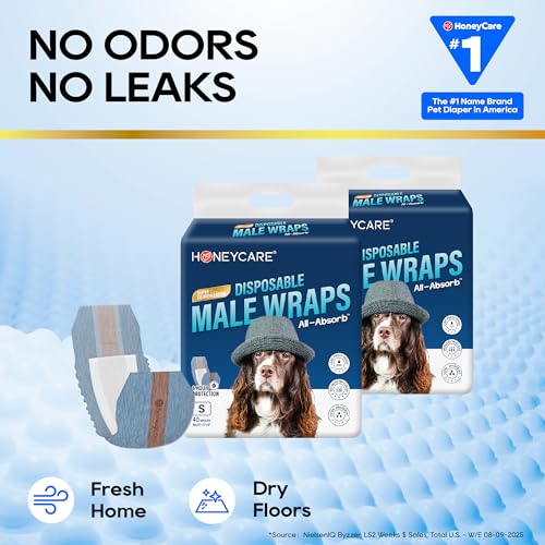 Image of Honeycare Disposable Male Wraps for Senior Dogs, Small Size, 40 Count, Super Absorbent, Breathable, Wetness Indicator, Super Deodorization, Cute Suit Suspenders Design (Pack of 8)