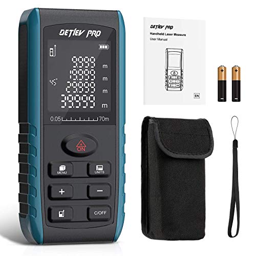 DETLEV PRO Laser Measure, 229ft M/In/Ft Digital Distance Meter, Laser Measurement Tool with Electronic Angle Sensor, Backlit LCD, Pythagorean Mode, Measuring Distance, Area and Volume