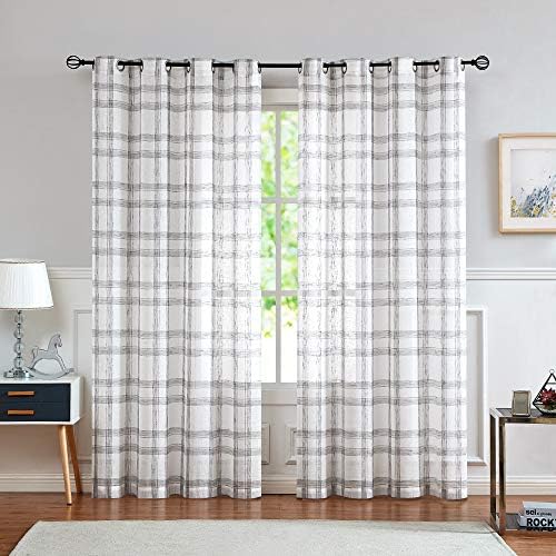 White Grey Geometric Window Curtain Panel Pairs 84" Long for Living Room Linen Blend Semi Sheers Grommets Top Rustic Farmhouse Style Window Treatment Drape Sets for Bedroom 54"x84"x2, Grey/White