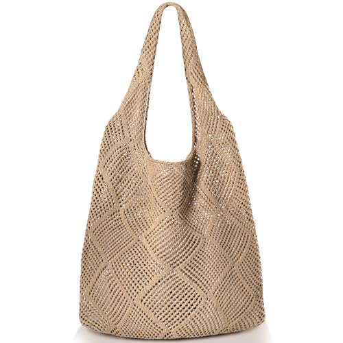 TOBEHIGHER Bolsas de praia de palha para mulheres - Bolsa de ombro de tecido de verão, bolsa de praia grande para mulheres para férias, Cáqui novo, 14 x 14 x 14 inches