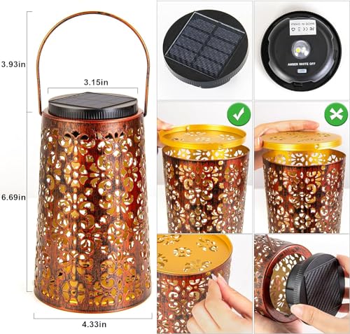 Image of JSOT Solar Lantern - Hanging Solar Lights Outdoor Waterproof, Metal Lantern Decorative Solar Powered Patio Decor for Garden Yard Backyard Porch Table Pathway Tree Lighting, Cool /Warm Light, 2 Pack