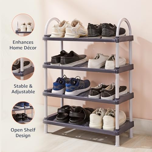 Image of Amazon Basics Multipurpose Plastic Shoe Rack | Durable, Space-Saving & Easy to Assemble | Portable Shoe Organizer | Grey (Large, 65.7 cm x 27.5 cm x 83 cm)