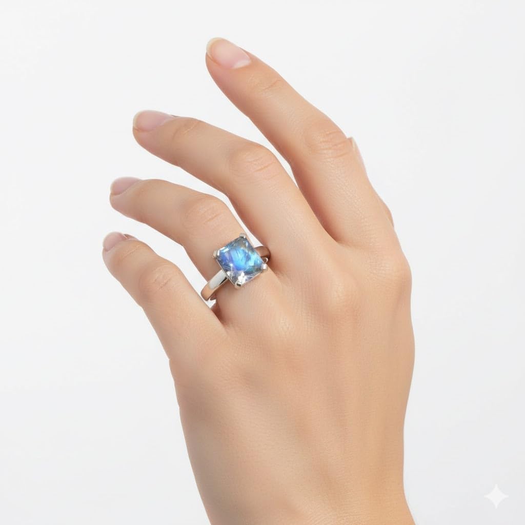 Ring mit natürlichem Edelstein, Silber, Geburtsstein, Smaragdschliff, Handamde, Größe H bis Z