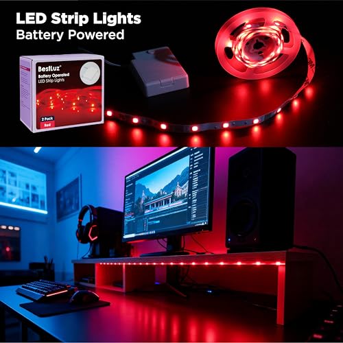 Image of BestLuz LED Strip Lights Battery Operated 3.33ft x 2 Pack Flexible LED Light Strip Battery Powered Lighting for Bedroom Room Decor Cabinet Shelf TV Backlight Red