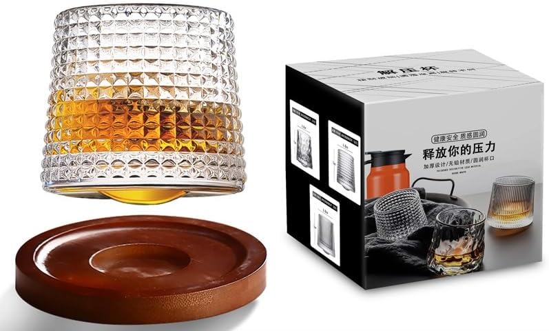 Miniatura 1 de Juego de 1 vasos de whisky giratorios a la antigua moda con posavasos creativos de nogal, regalos de whisky para hombres, marido, día del padre,