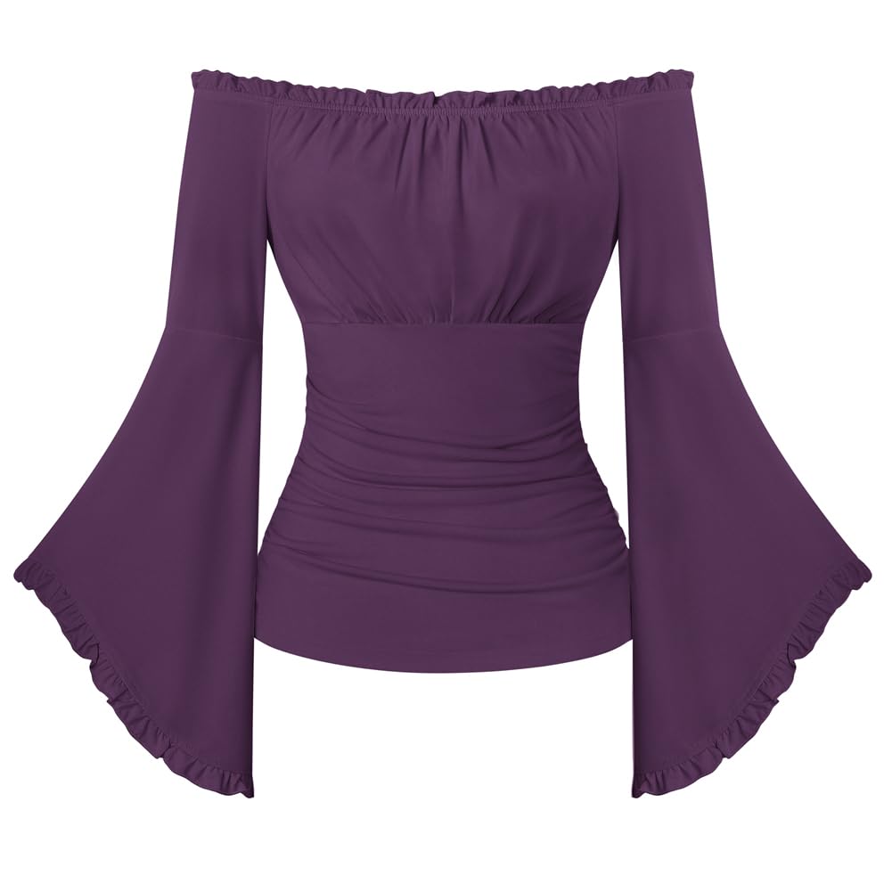 SCARLET DARKNESS Renaissance Pirate Wrap Top Women Off the Shoulder Flare Sleeve Blouse Medieval Gothic Halloween Costume Purple