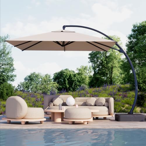 Kingdura 10x10 FT Cantilever Patio Umbrella with Base Included, Large Square Offset Outdoor Pool Umbrella, 360° Rotation & Infinite Tilt, Heavy Duty Aluminum Frame for Deck Backyard, Beige