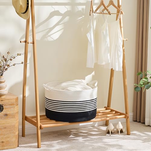 Image of KAKAMAY Cotton Rope Storage Basket (20 inchx13 inch),Woven Hamper for Blankets,Toys,Pillows,Clothes,Laundry,Sturdy Handles Decorative Basket for Living Room, Bedroom,Nursery(Black /Black Fringe)