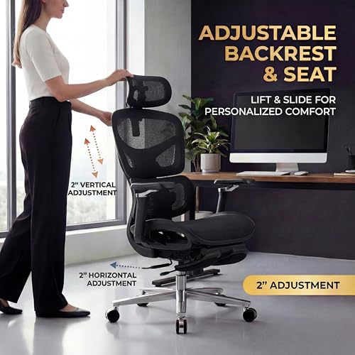 Image of Ergonomic Office Chair with Footrest & Massage Lumbar Support - Adjustable Seat Depth & Back Height Reclining Big and Tall 400LBS Mesh Chair, 4D Headrest & 6D Armrests, for Home Office /Gaming (Black)