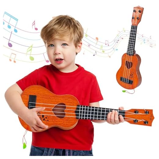 Ukelele Infantil Juguete Educativo Musical para niños niñas Mini Guitarra con 4 Cuerdas de Nailon y púa Ligera portátil para Principiantes Estilo maderapara cumpleaños y Aprendizaje Musical 44cm