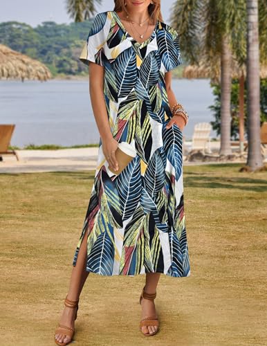 Image of Zeagoo Women Summer Floral Dress Short Sleeve Beach Dress with Pockets Casual V-Neck Split Long T-Shirt Dress Travel Vacation