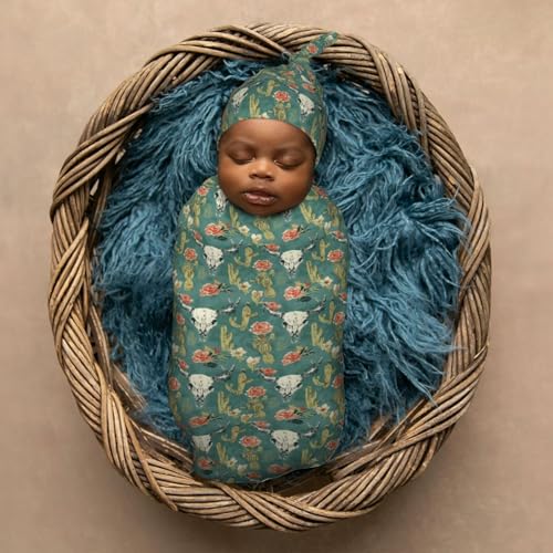 Image of Western Bull Skulls and Cactus Newborn Swaddle Blankets Hat Sets Soft Baby Receiving Blanket Swaddle Sack for Baby Shower Infant Boy Girl Gift