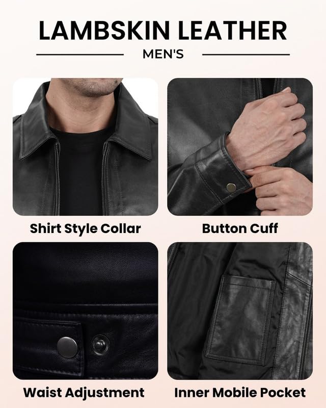 Image of Blingsoul Vintage Distressed Leather Jacket for Men - Shirt Collar Genuine Lambskin Mens Leather Jacket