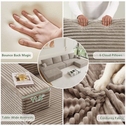 Image of Oversized Modular Sectional Sofa Couch, Large 6 Seater Corner Sofa Modern U Shaped Sectional Couch with Ottoman Cloud Couches for Living Room, Office, Spacious Space, Corduroy, No Assembly, Camel
